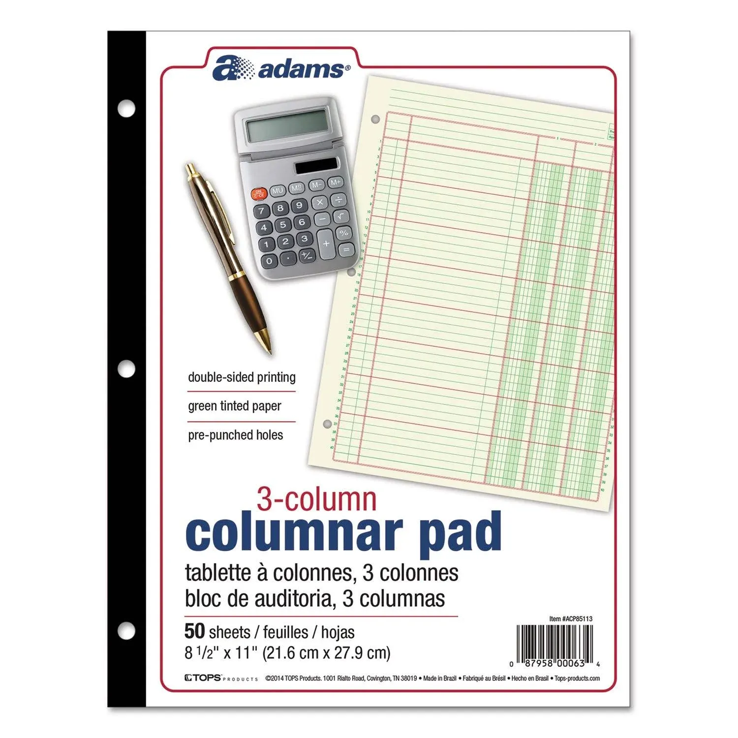 Adams Columnar Analysis Pad, 3 Column, 8 1/2 X 11, Single Page Format, 50 Sheets/pad (ACP85113)