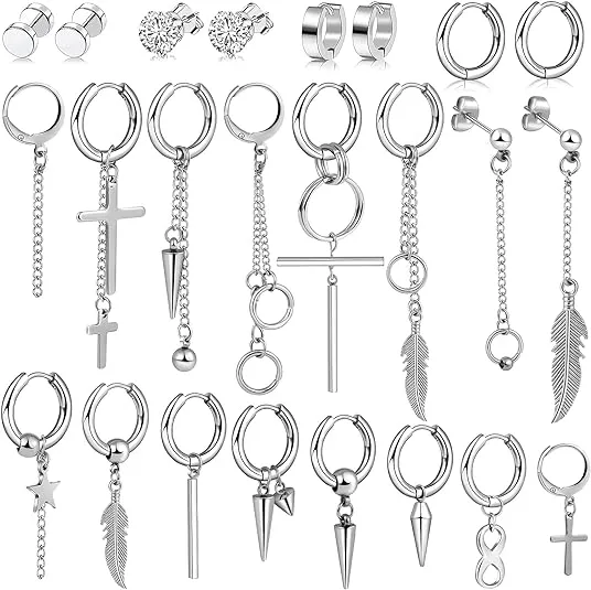 24 Women Men Stainless Steel Cross Stud Silver  Earring Set Piercing Jewelry