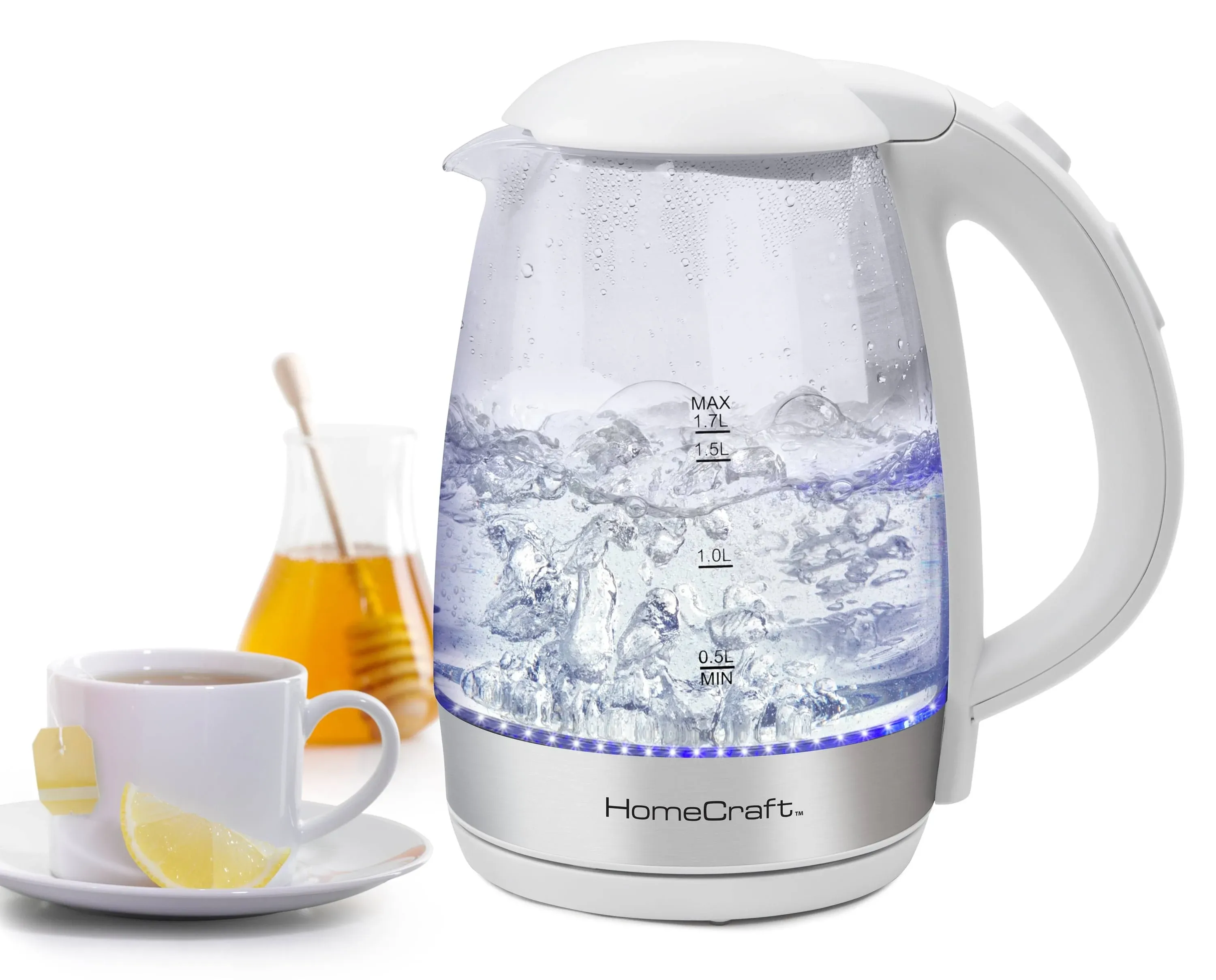 Nostalgia HCOTCWK17WH White HomeCraft 1.7L Electric One-Touch Control Glass Kettle