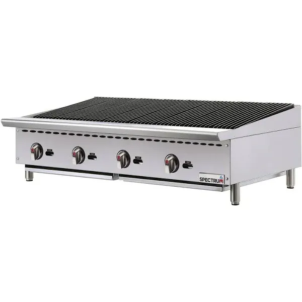 Spectrum Charbroiler, natural gas, countertop, 48in.W x 34-7/16in.D, (4) 35,000 BTU burners, 10 ga. stainless steel radiant burner cover, infinite heat controls, standing pilot light, reversible and adjustable cast iron grates,, 3-1/2in. full-width grease trough, removable grease trays, stainle