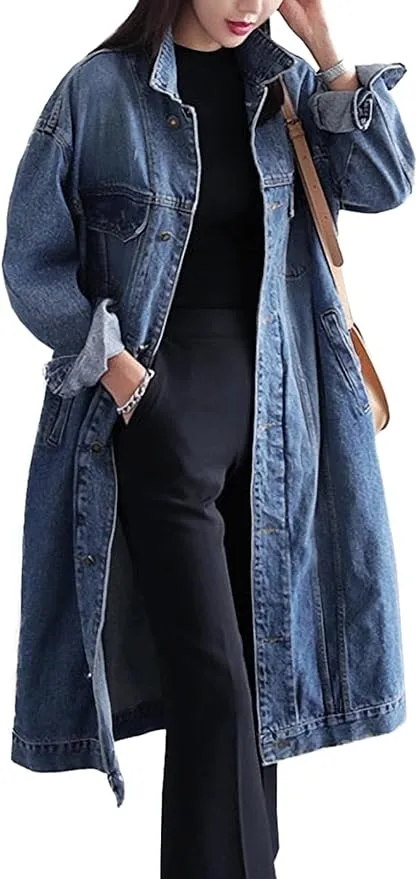 Jofemuho Womens Classic Long Jean Jacket Plus Size Loose Long Sleeve Button Down Denim Jacket Trench Coat