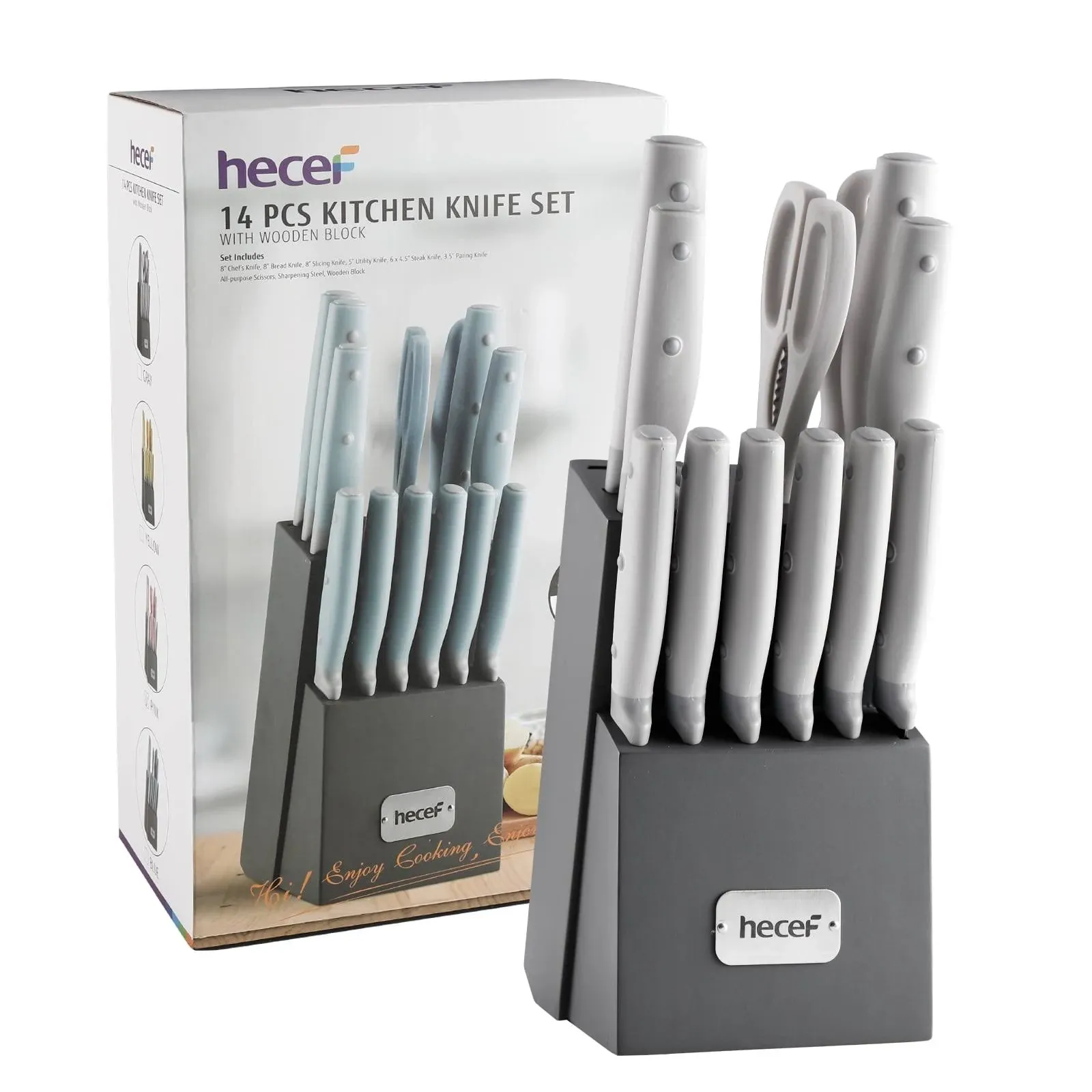 hecef Kitchen Knife Block Set, 14 Pieces Knife Set with Wooden Block & Sharpener Steel & All-purpose Scissors, High Carbon Stainless Steel Cutlery Set (Grey)