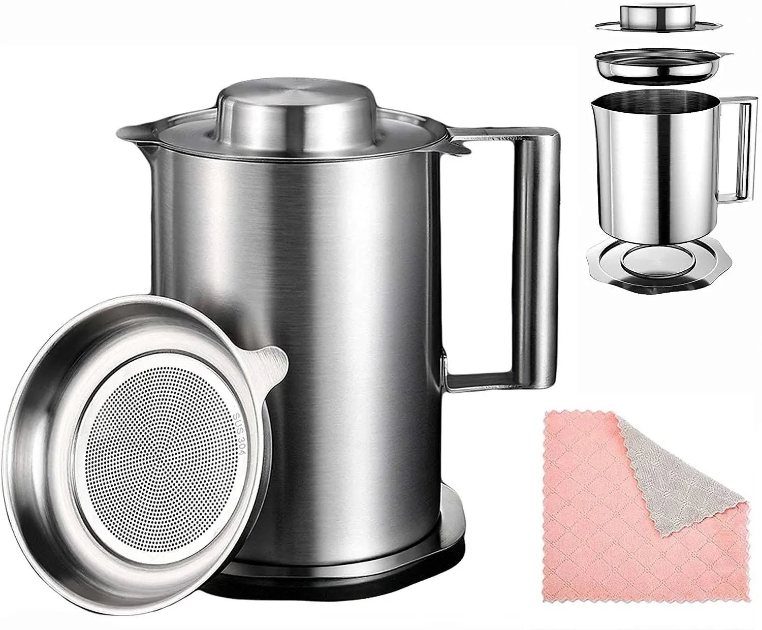 Stainless Steel Grease Strainer And Container For Kitchen With Fine Mesh Straine