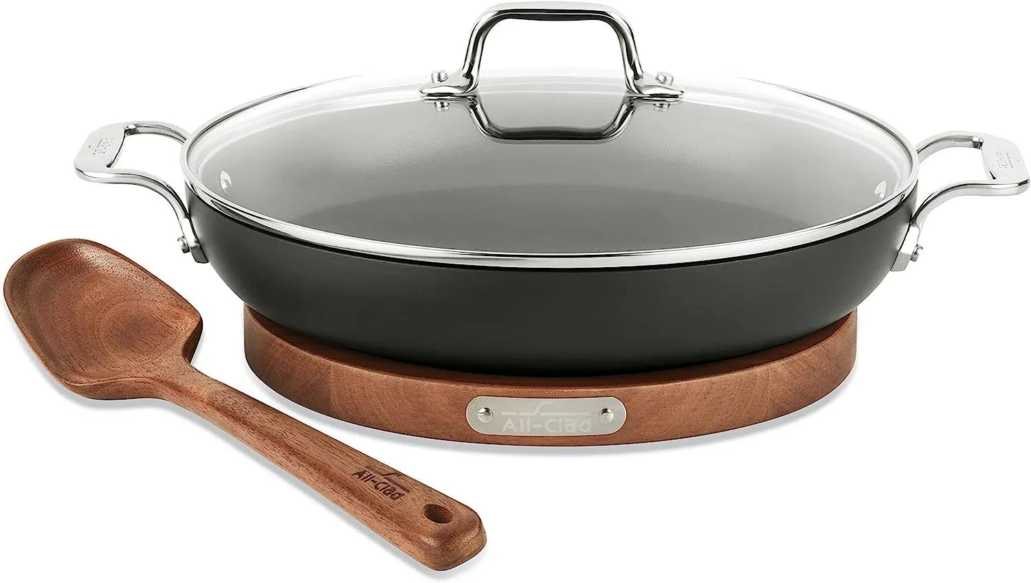 All-Clad HA1 Nonstick Universal Pan with Lid, Acacia Wood Trivet and Spoon · 3 Quart