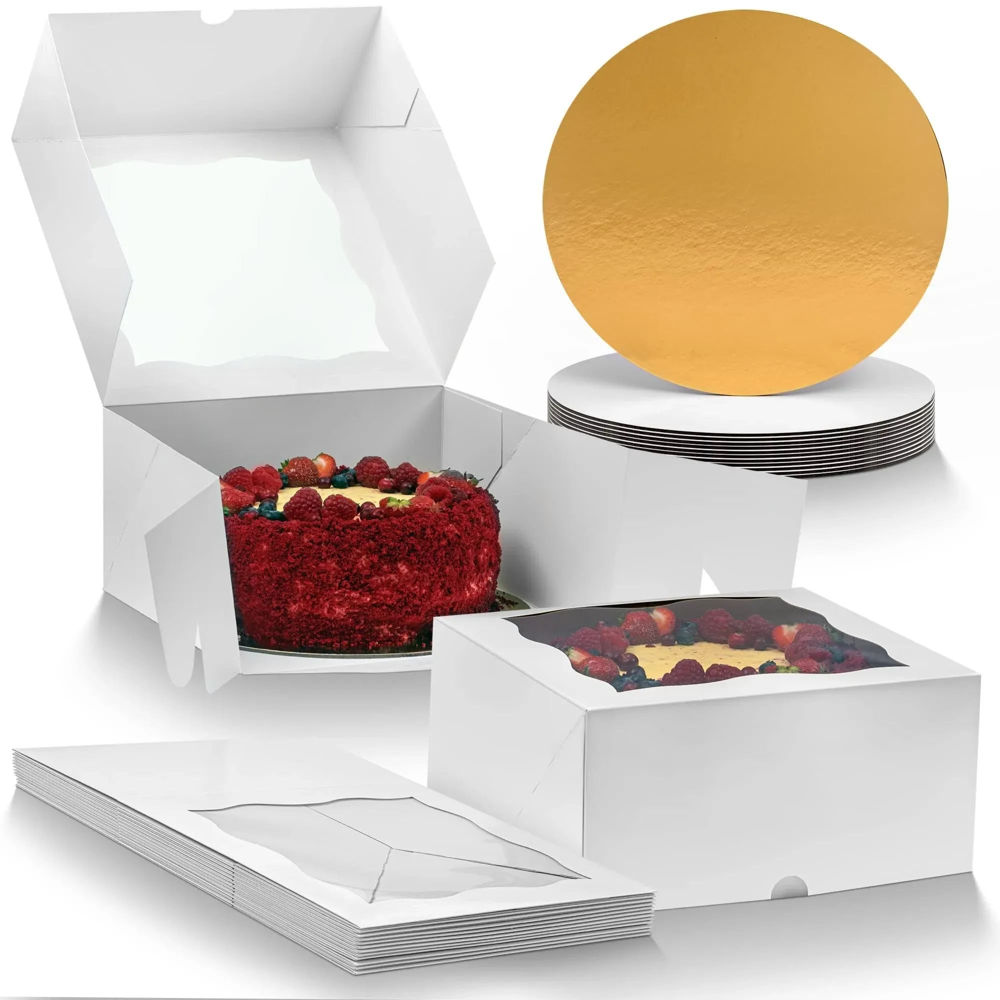 Premium Cake Boxes with Cake Boards Set - 12 Front-Loading Cake Boxes 10", 12 White/Gold Greaseproof Cake Boards 10 Inch – Sturdy Cardboard Cake Boxes, Thick Cake Boards – Window Cake Box Set