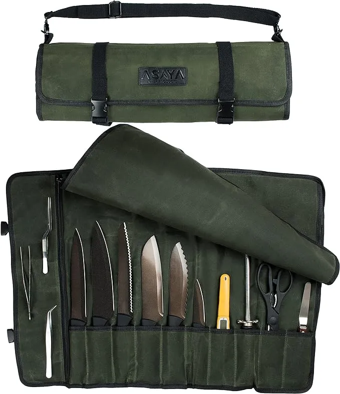 Canvas Chef Knife Roll Bag - 10 Knife Slots and a Large Zipper Pocket - Durab...