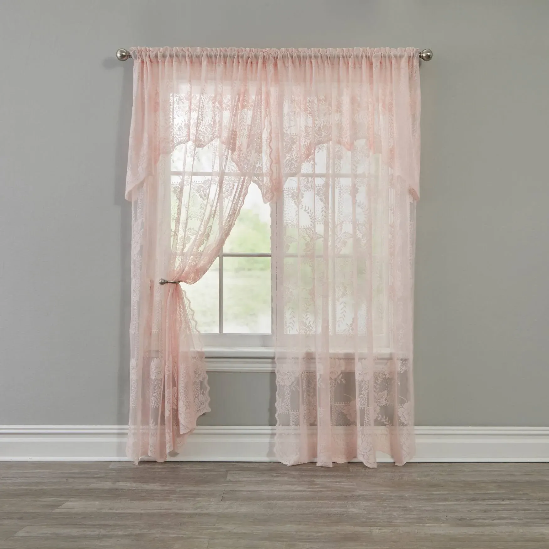 BrylaneHome Ella Floral Lace Panel with Attached Valance