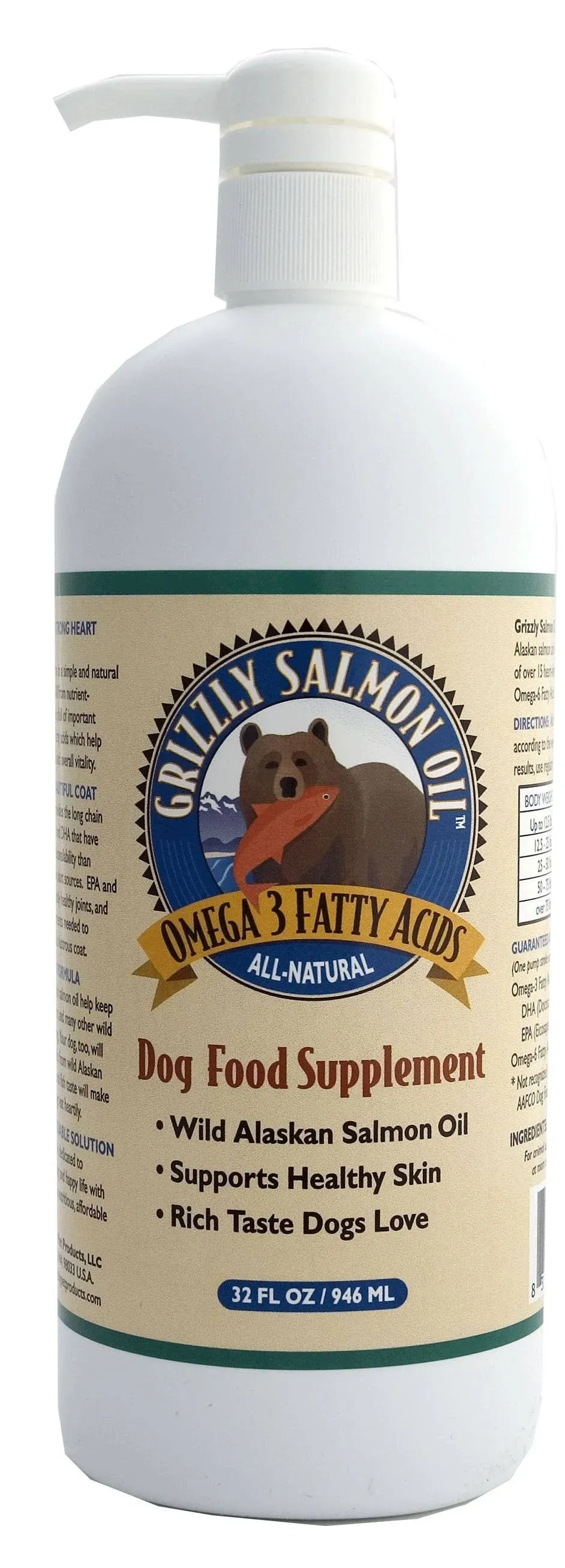 Grizzly Wild Alaskan Salmon Oil Dog Food Supplement Omega 3 Fatty Acids, 32 oz