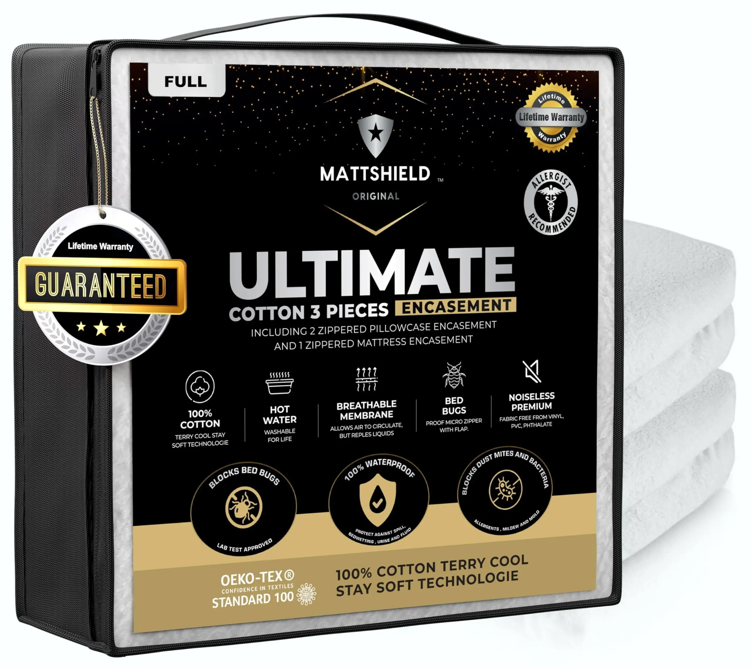 MATTSHIELD New Ultimate 3-Piece Kit - Bed Bug-Proof Mattress Cover Full Size 100% Cotton Top + 2 Pillow Protectors with Zipper - 6 Sided Waterproof Encasement, Total Defense Kit