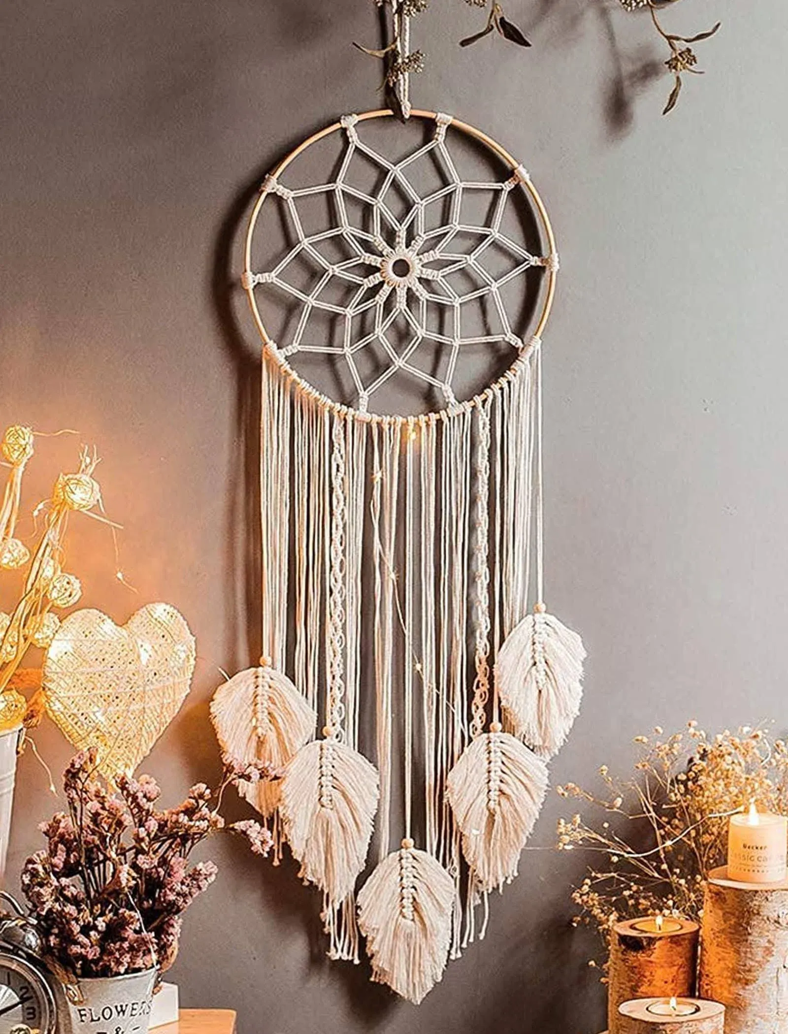 Nice Dream Large Macrame Dream Catcher, Wall Hanging Tapestry Bohemian Style Home Decor with 3 Woven Feather Tassels, Beige