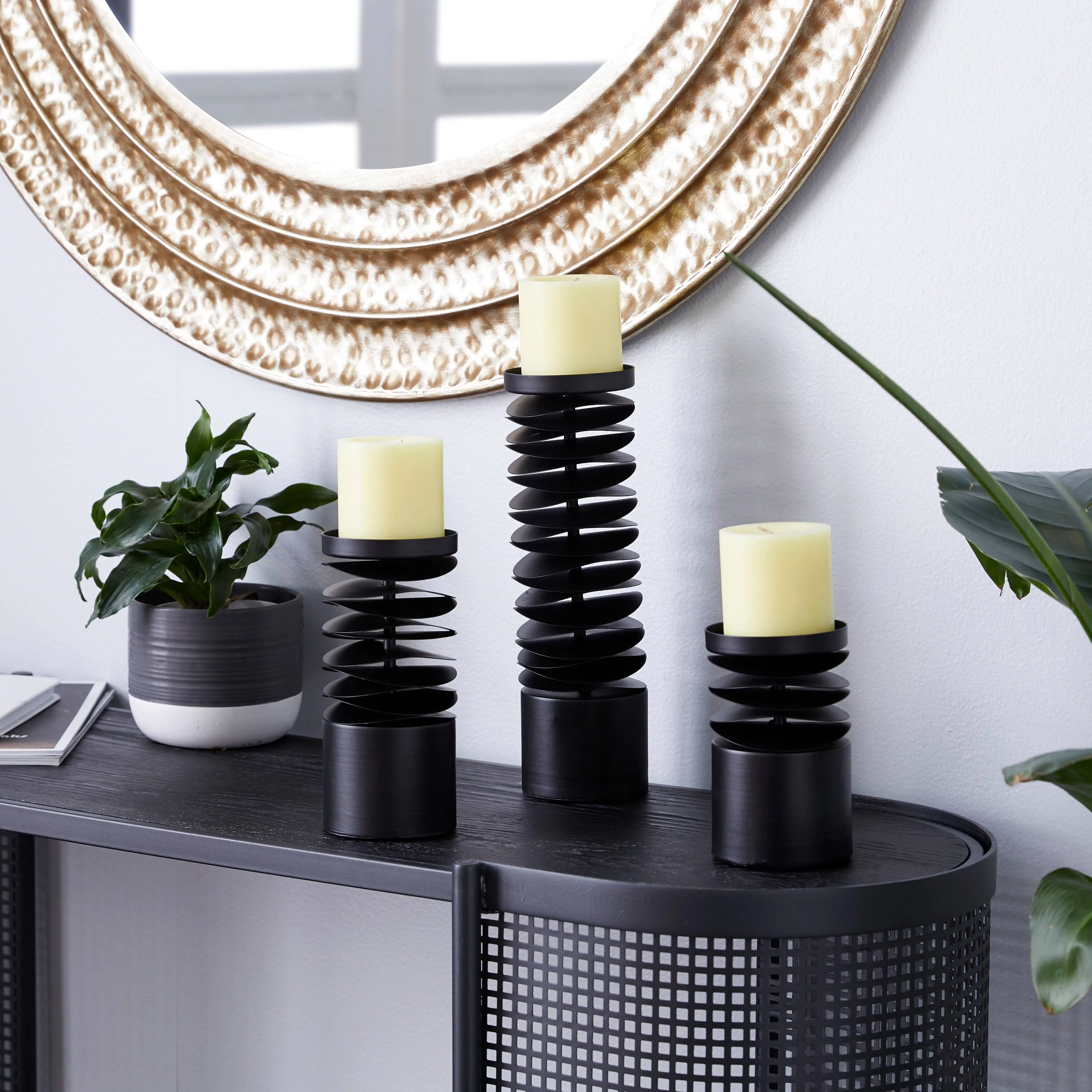 Set of 3 Black Iron Pillar Votive Candle Holders Circular Layered Pedestal Base