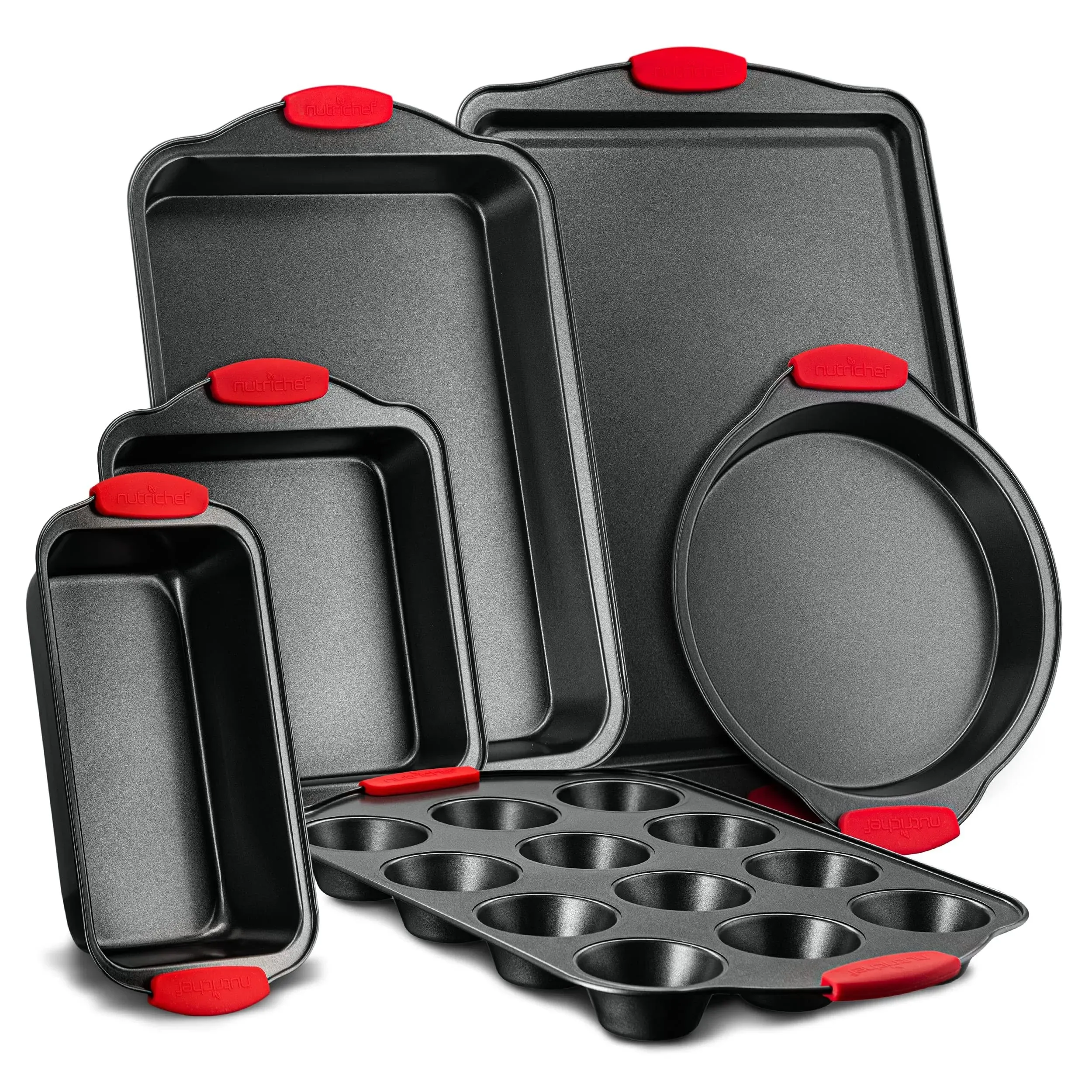 NutriChef 6-Piece Nonstick Bakeware Set with Red Silicone Handles - Carbon Steel Baking Pans