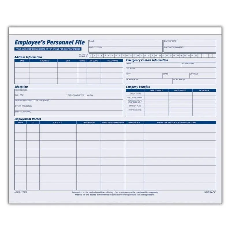 Adams Employee Record Folders, 9 1/2&#034; x 11 3/4&#034;, Folded, Pack of 20