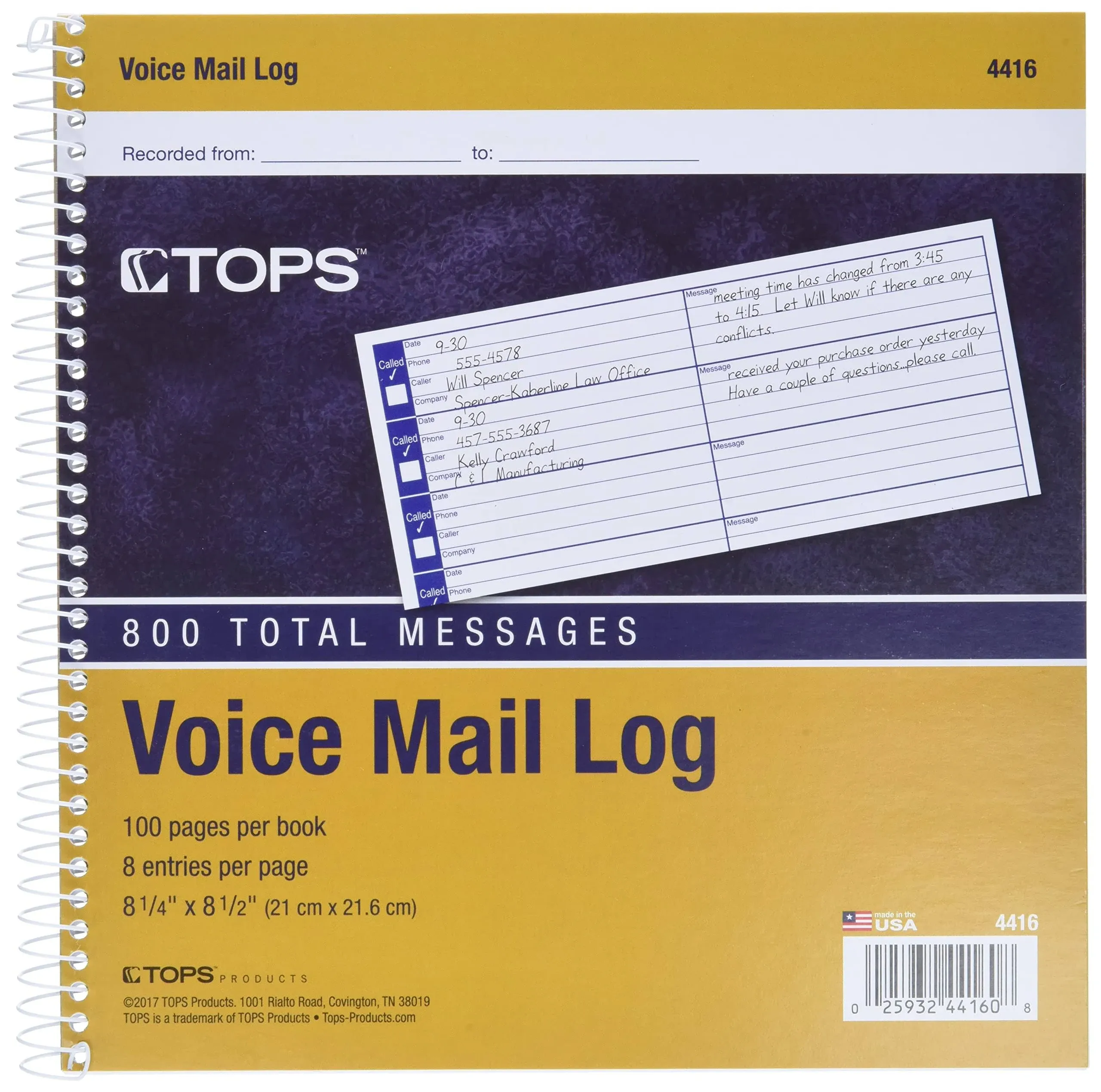 TOPS™ Voice Message Log Books, 8 1/4 x 8 1/2, 800-Message Book