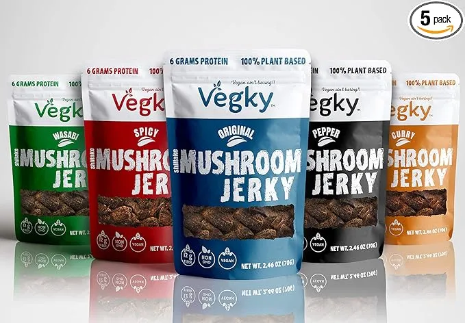 VEGKY Vegan Shiitake Mushroom Jerky CURRY 70 Grams 2.46 oz Non-GMO Vegetarian Meatless Snack