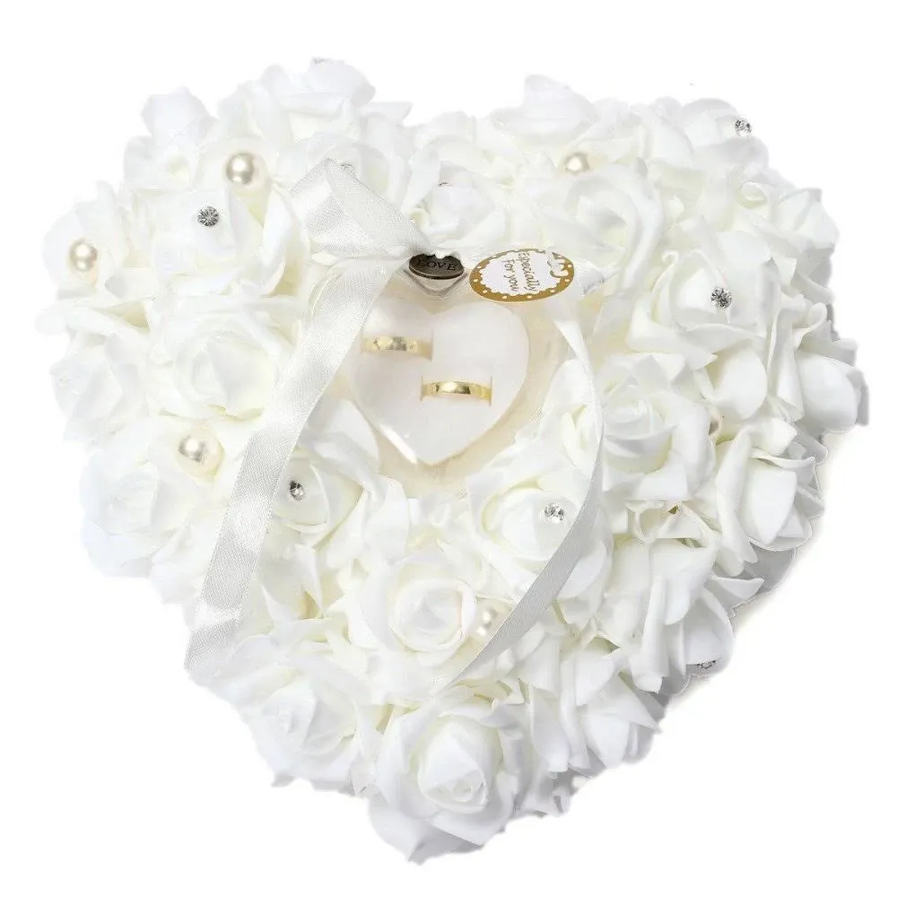 Freesooth Wedding Ring Pillow, White Ring Pillow Lace Crystal Rose Wedding Heart ...