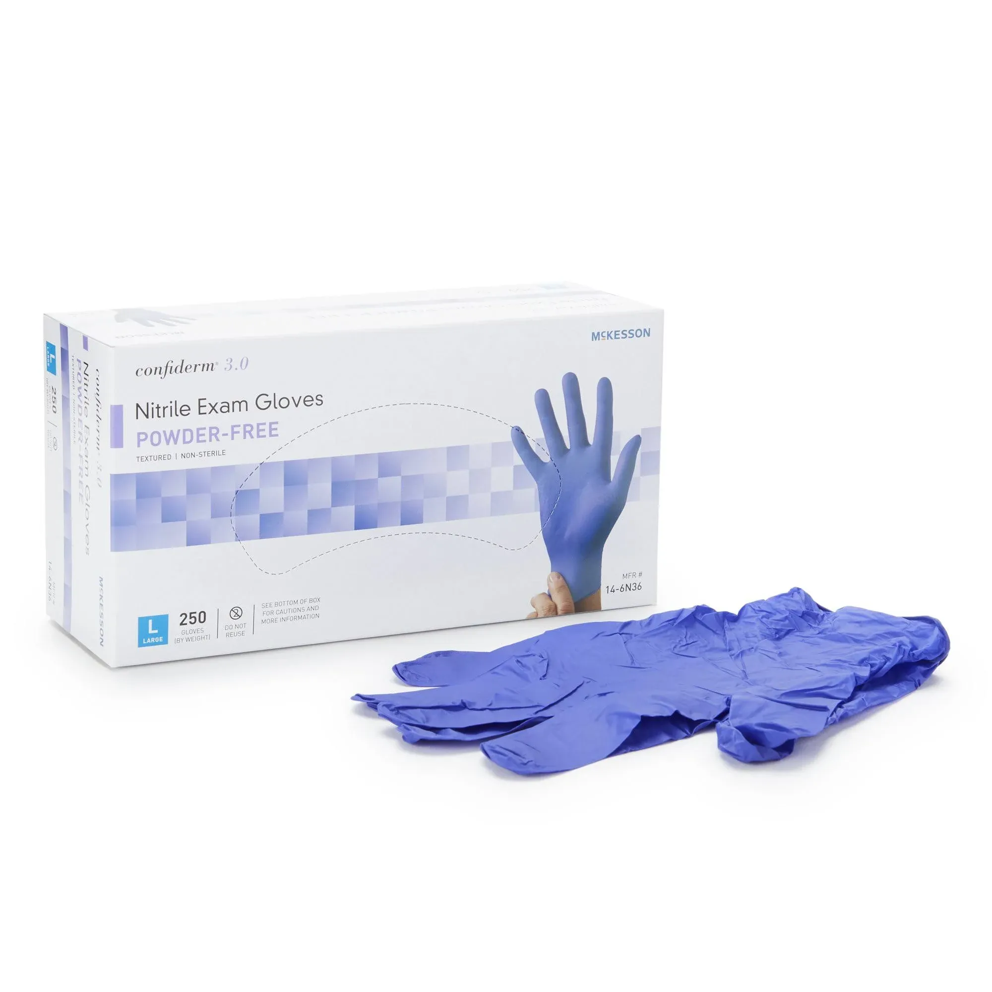 Exam Glove McKesson Confiderm 3.0 Large NonSterile Nitrile Standard Cuff Length Textured Fingertips Blue Not Rated 1/BX