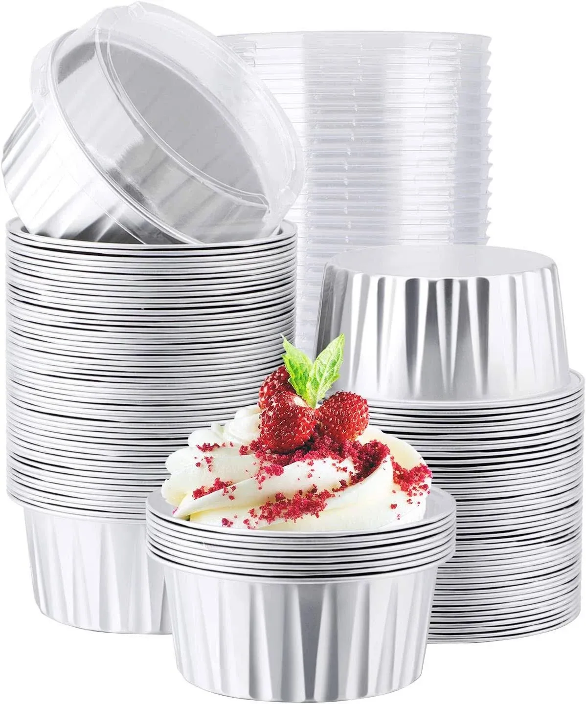 Foil Ramekins with Lids, 5Oz 100Pcs Aluminum Foil Cupcake Liners, Muffin Liners