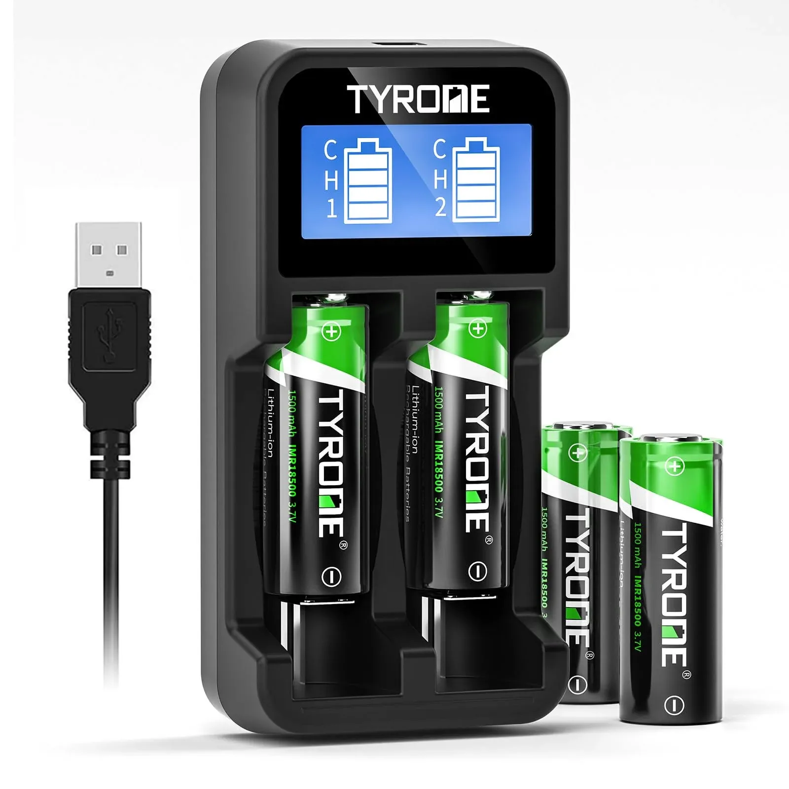 tyrone 18500 Rechargeable Batteries with Charger, 4 Pack 18500 Flat top Batteries 1500mAh 3.7V Batteries with 2-Ports Smart Charger