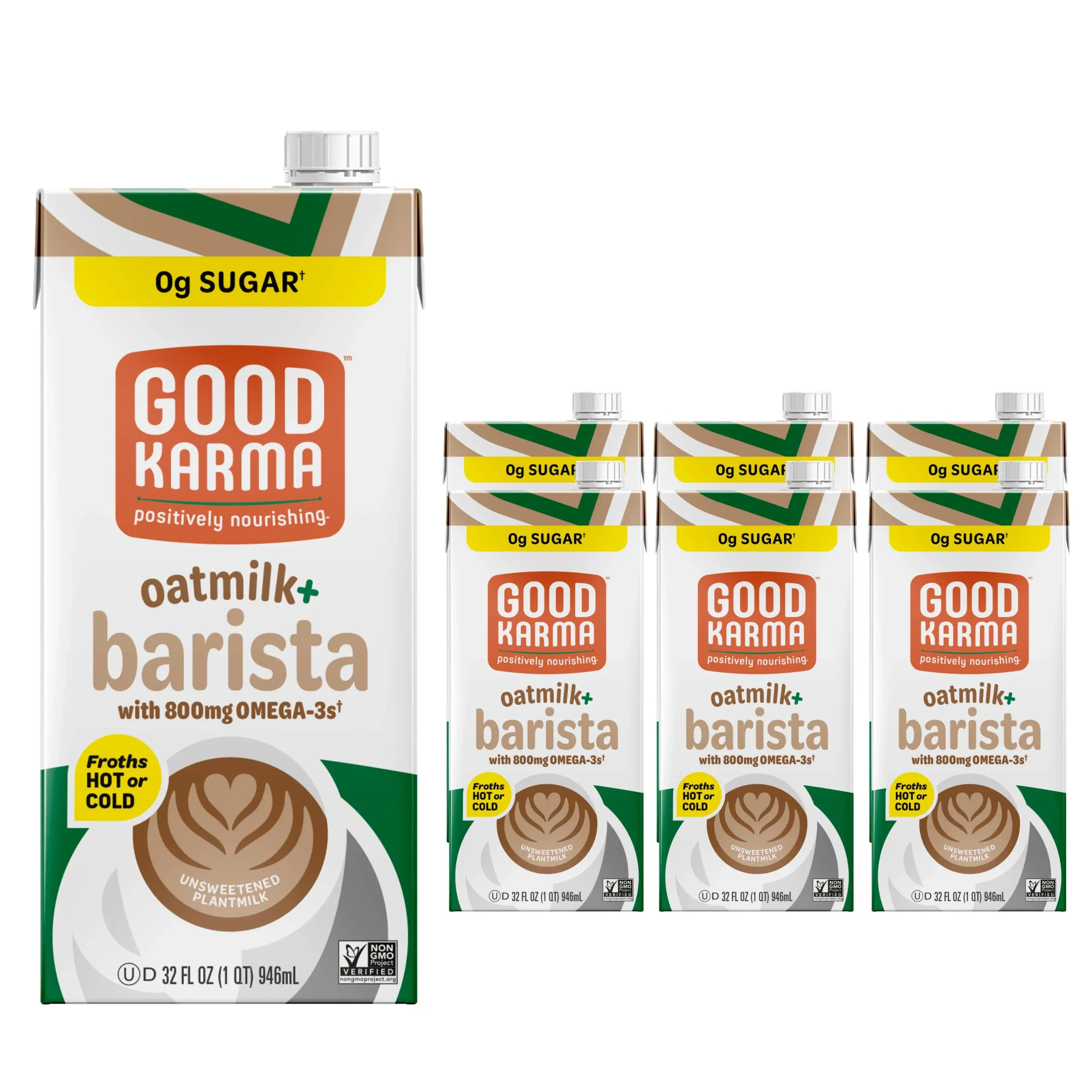 Good Karma Unsweetened Oatmilk + Barista Blend, 32 Ounce (Pack of 6), 800mg Omega -3s, Plant-Based Non-Dairy Milk Creamer Alternative with Oats,