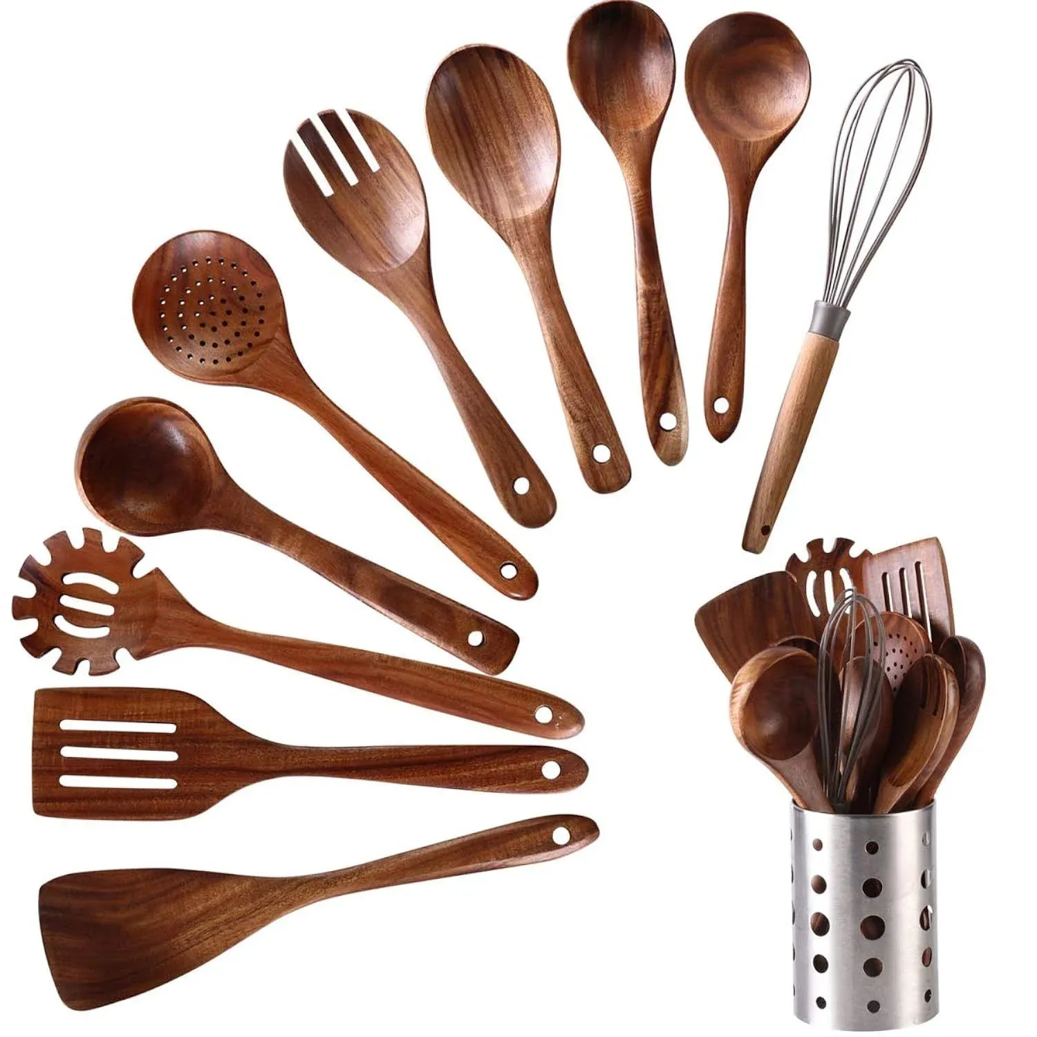 Wooden Kitchen Utensils Set with Holder, 11 Pcs Teak Wooden Cooking Spoons an...