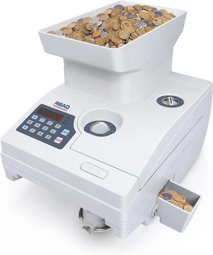 Ribao HCS-3300 High Speed Coin Counter, Heavy Duty Bank Grade Coin Sorter with Large Hopper, Two-Year Warranty