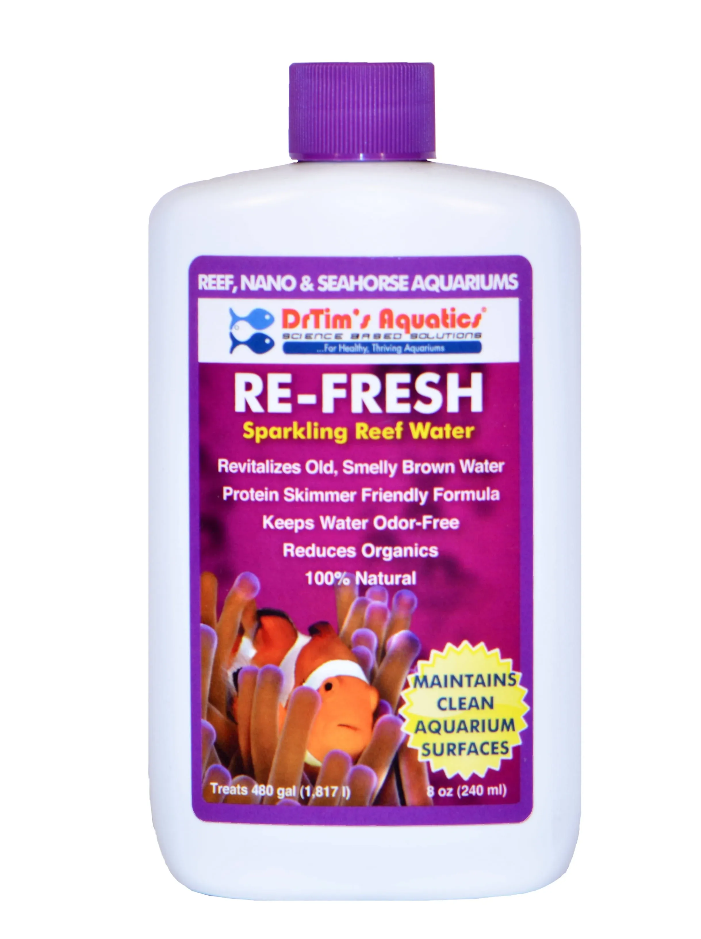 DrTim's Aquatics Re-Fresh for Reef Aquariums – 100% Natural Fish Tank Sanitizer & Revitalizer Conditioner Solution Fresh, Crystal-Clear, Sparkling Water - Size 8 oz Treats 480 gal