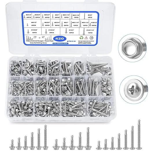 Self Drilling Screws, 420pcs Self Tapping Screws for Metal 410 Stainless Steel Sheet Metal Screws #8#10, CGBOOM Wafer Head&Washer Tek Head Screws