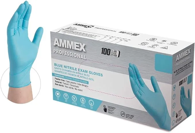 Ammex Blue Nitrile Disposable Exam-Grade Gloves, 3 Mil, Latex & Powder Free, Food-Safe, Lightly-Textured, Non-Sterile