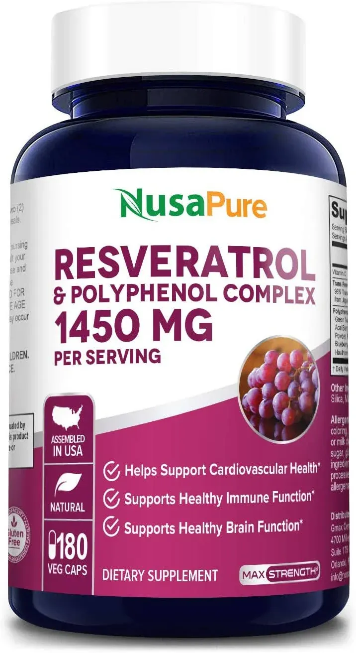 Resveratrol & Polyphenol Complex 1450 mg 180 Vegetarian Caps (Non-GMO & Gluten Free) Vitamin C