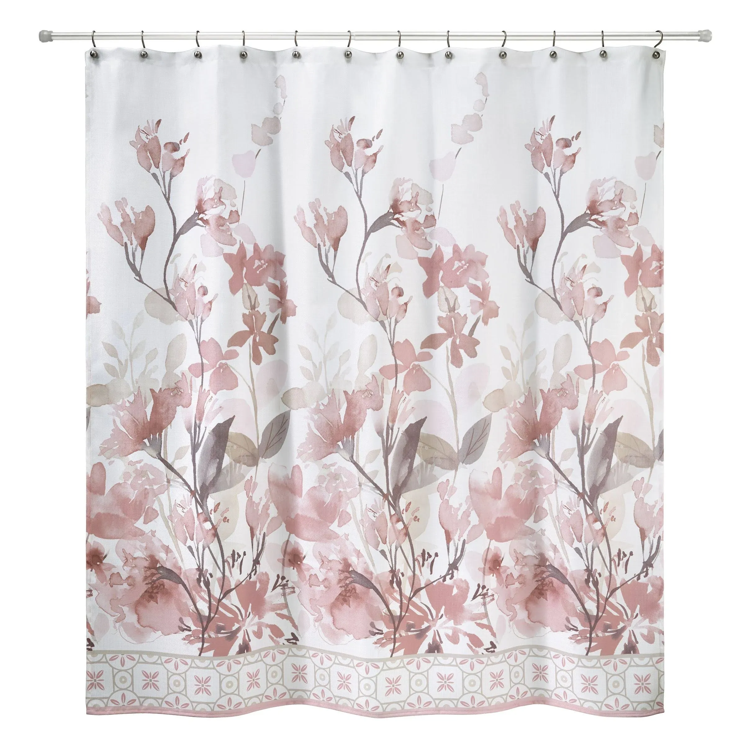 AVANTI 72 x 72 Floral Linen Shower Curtain Blush Pinks and Tan Tones Hooks Ready