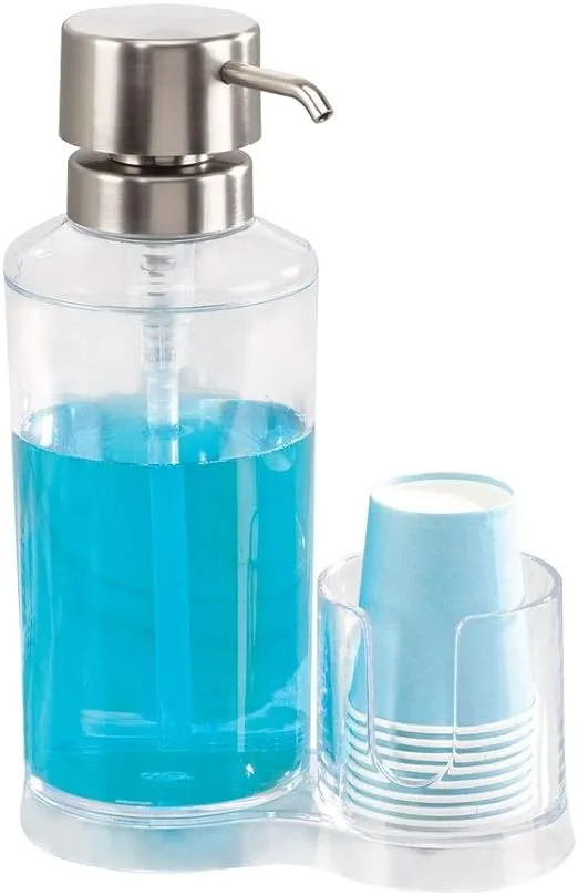 Interdesign Clarity Mouthwash Dispenser - Pump Caddy and Paper Cup Holder, Clear