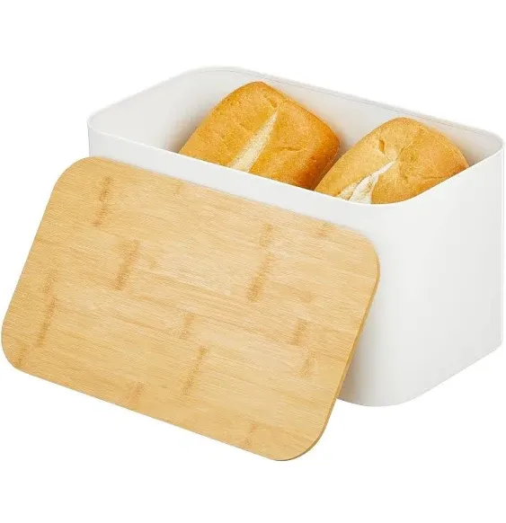 mDesign Metal Bread Box Bin with 100% Bamboo Wood Lid for Kitchen Countertop, Island and Pantry Storage - Large Capacity Storage - Matte White/Natural Top