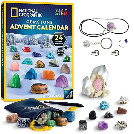 Blue Marble National Geographic 2024 Gemstone Advent Calendar - Advent Calendar for Kids with 24 Gemstones, Complete Rock Collection Christmas Countdown Calendar with Mini Gemstone Dig Kit