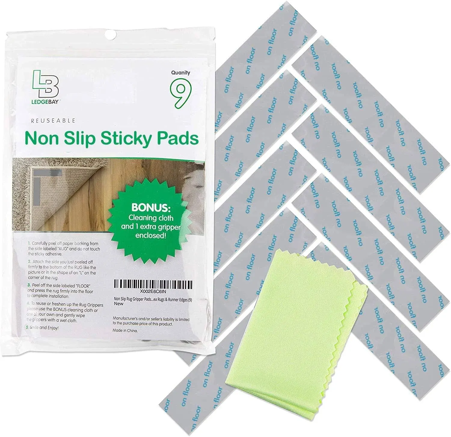 Ledgebay Rug Pad Grippers for Area Rugs - Pack of 9 Reusable, No Skid, Washable,