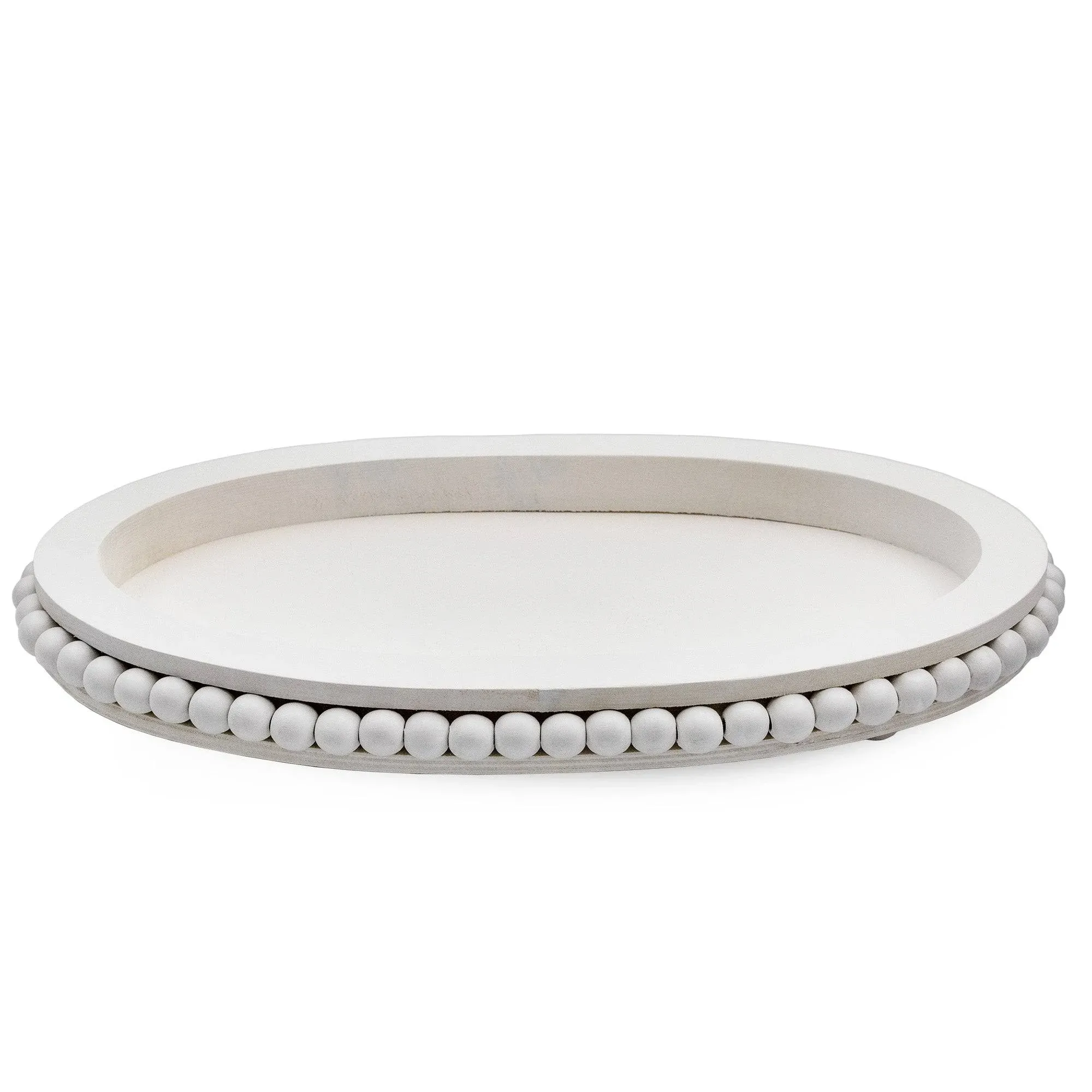 AuldHome Wood Beaded Tray () Decorative Farmhouse Style Oval Wooden Tray White