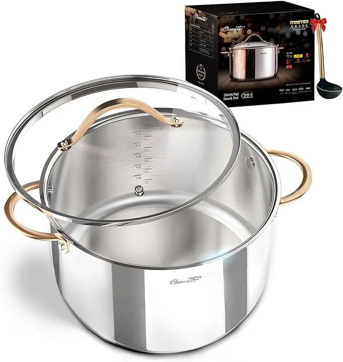 8 Quart Stock Pot, 3 Ply Whole Clad Stainless Steel Stock Pot, 8 QT Cooking Pot with Lid, Induction Pot for Cooking, 18/10 Stainless Steel Cookware Stockpots Oven, Gas and Dishwasher Safe