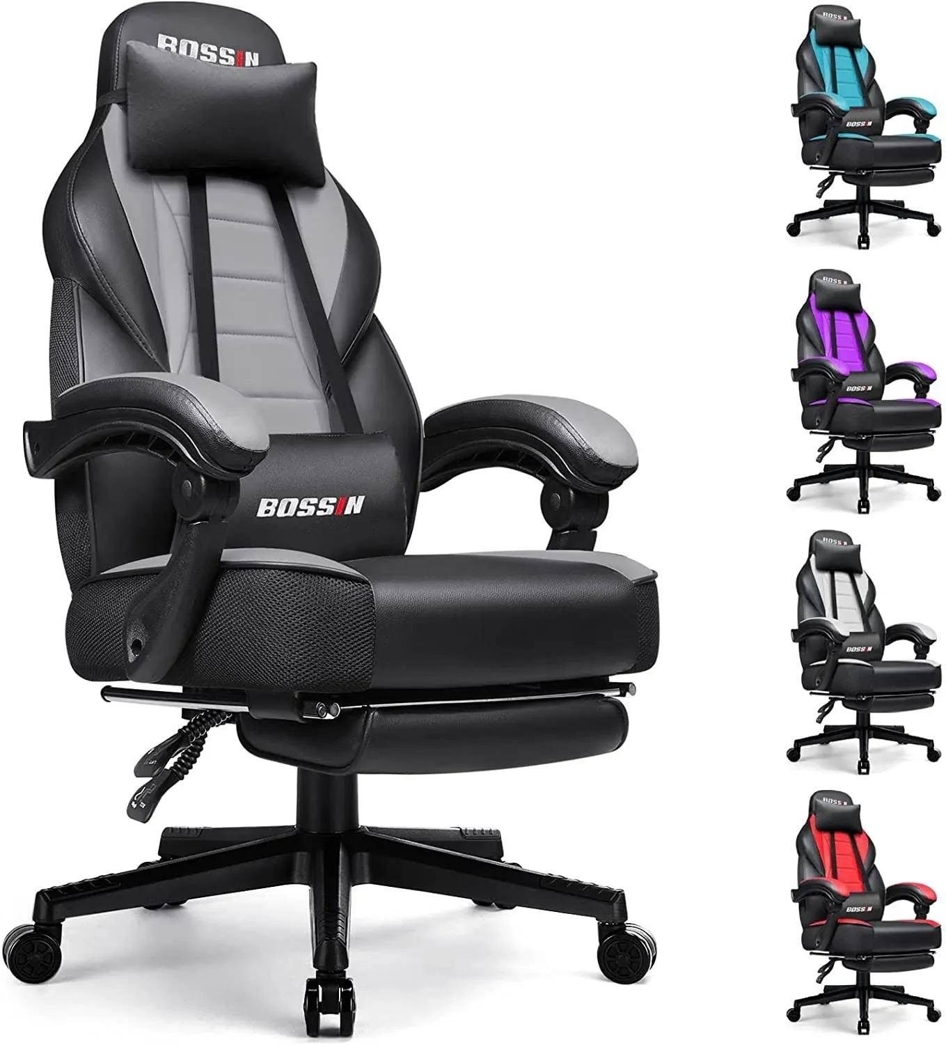 BOSSIN Gaming Chair with Massage, Ergonomic Heavy Duty Design, Gamer Chair with Footrest and Lumbar Support, Large Size Cushion High Back Office Chair