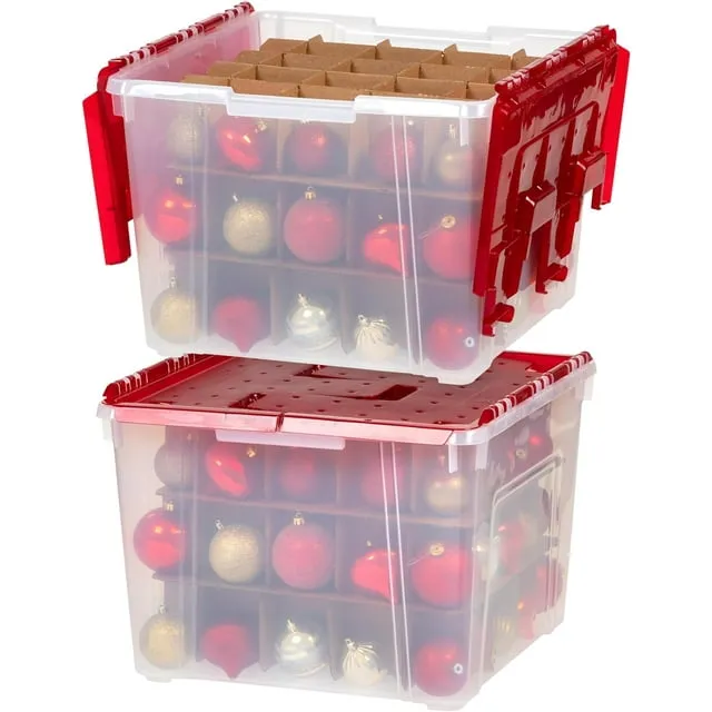 IRIS USA 60 Qt. 2 Pack Ornament Storage Box with Hinged Lid and Dividers, Clear/Red