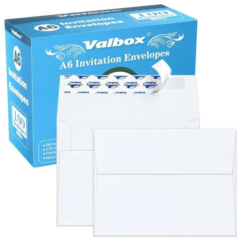 ValBox 100 Qty A6 Envelopes Self Seal 6.5 x 4.75" White Kraft Paper Invitation Envelopes for 4x6 Cards, Photos, Invitations, Weddings, Baby