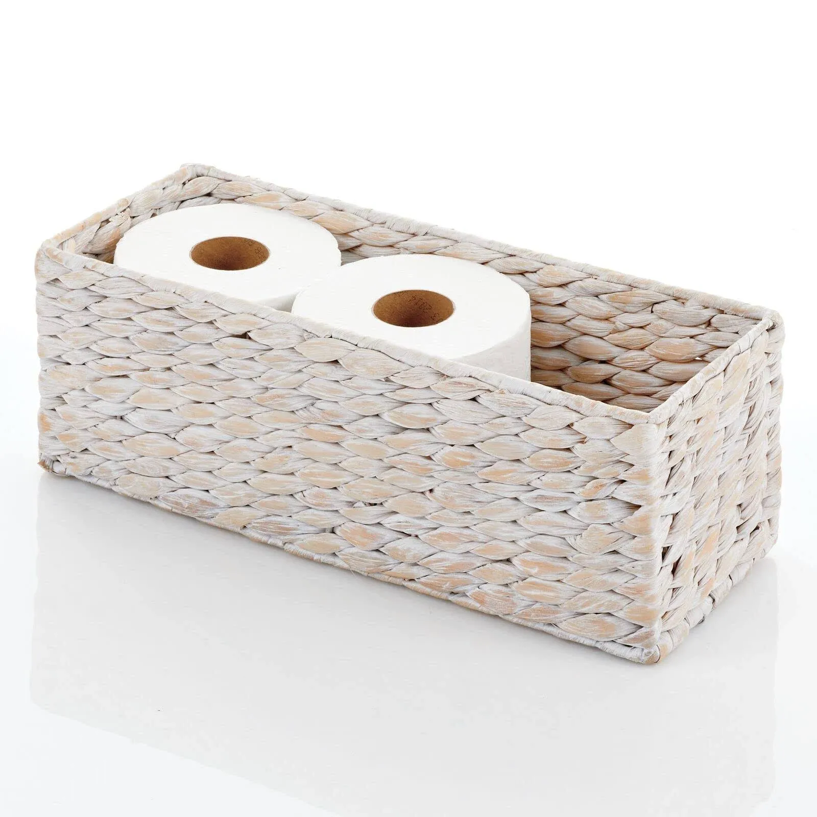 mDesign Woven Hyacinth Narrow Bathroom Toilet Tank Storage Basket, White Wash