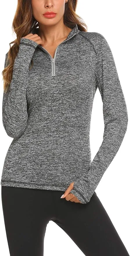 PINSPARK Womens Quarter Zip Pullover Long Sleeve Stretchy Thumb Hole Workout ...