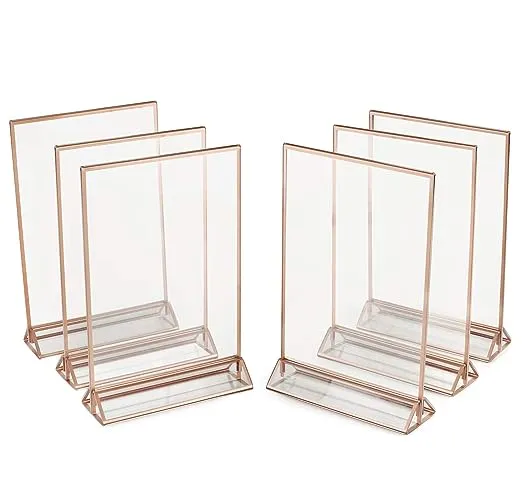 Super Star Quality Clear Acrylic Double Sided Frames Display Holder with Vertical Stand and 3mm Rose Gold Border, 5 x 7-Inches (Pack of 6)