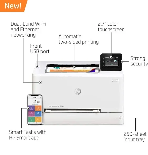 HP Color Laserjet Pro M255dw Wireless Laser Printer, Remote Mobile Print, Duplex Printing (7KW64A), White, One Size (7KW64A#BGJ) (Renewed)