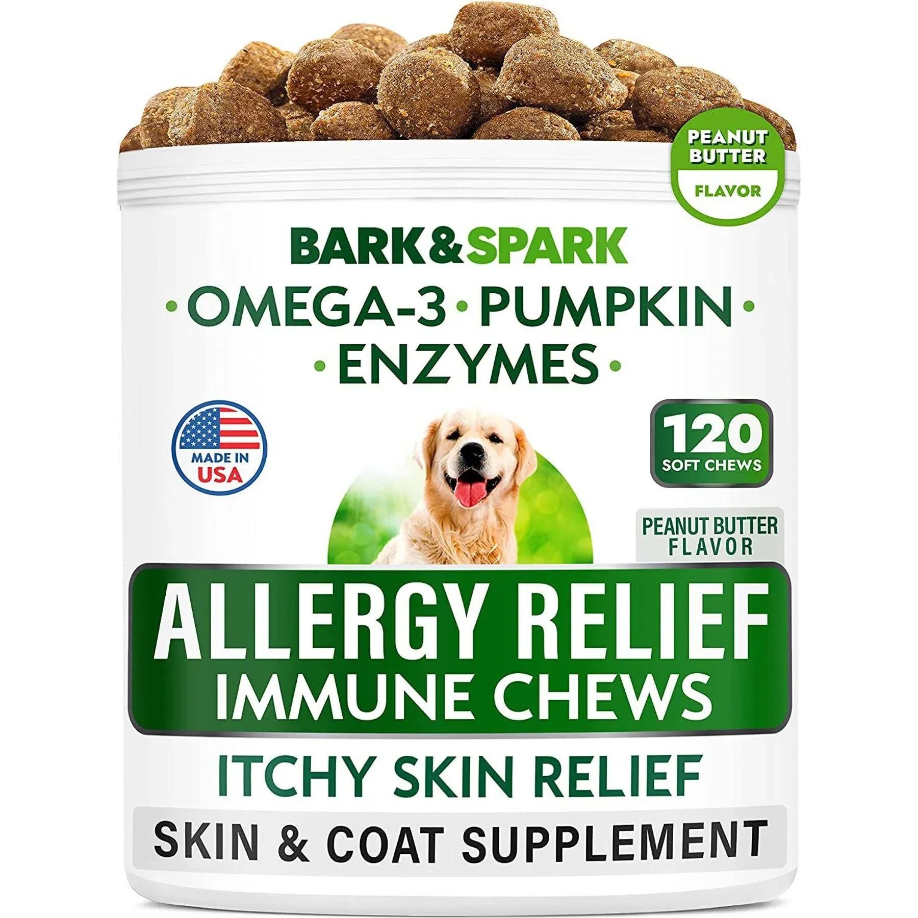 BARK&SPARK Allergy Relief Immune Chews Dog Treats Skin & Coat Supplement, 120 Count