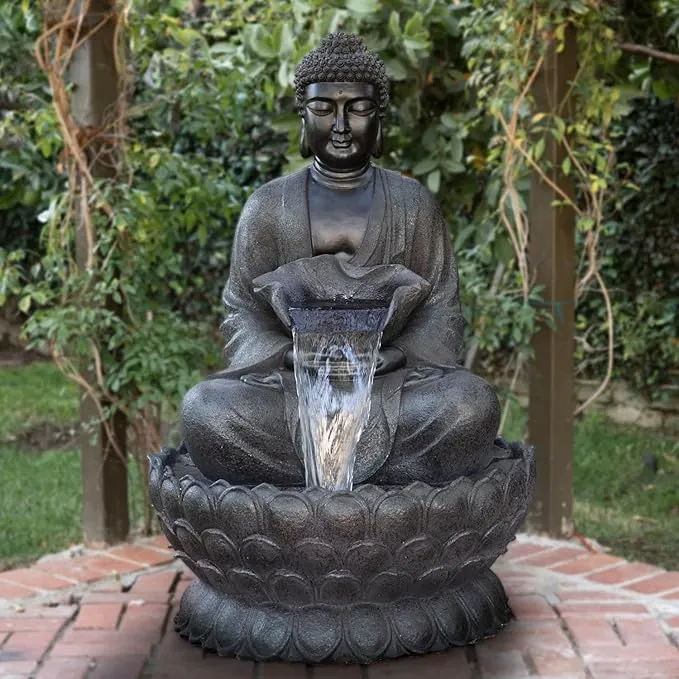 Alpine Corporation WIN1170 Zen Fountain with LED Light Outdoor Floor Calming Statue, 53", H Gray Buddha