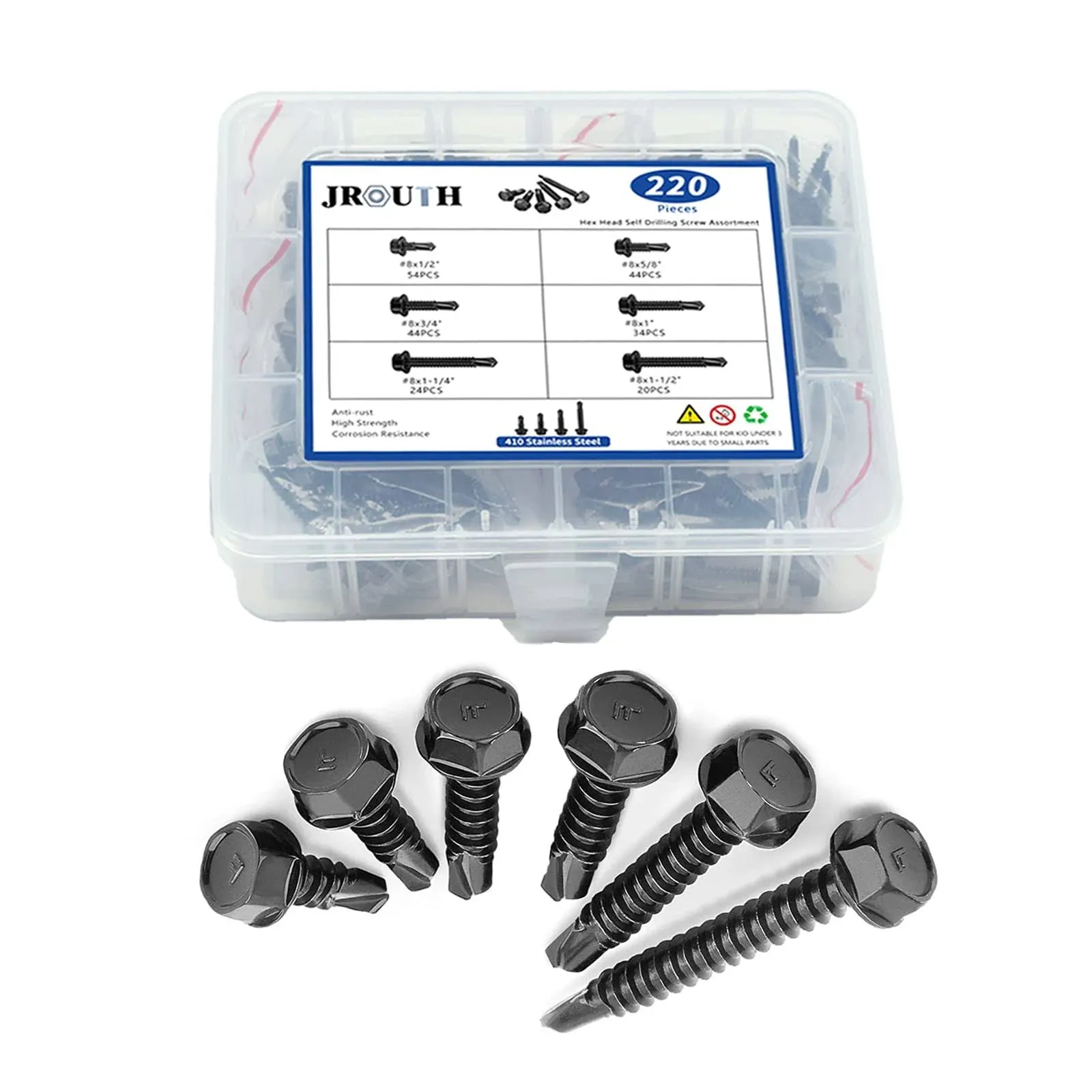 JROUTH #8 x 1/2\ to 1-1/2\ Hex Washer Head Self Drilling Screws 410 Stainless ...