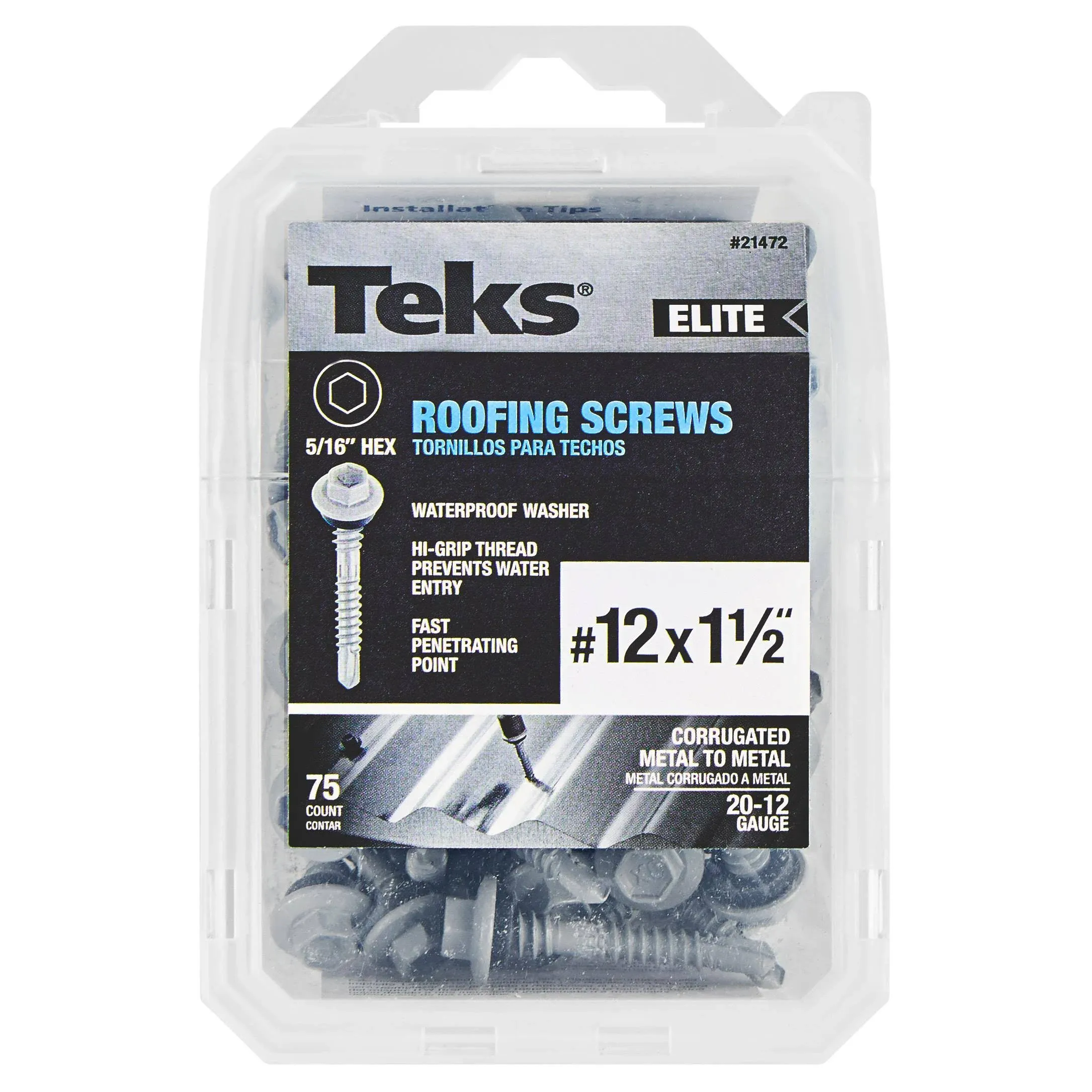 Teks Elite 5043613 12 x 1.5 in. Hex Drive Washer Head Roofing Screws - Pack of 75