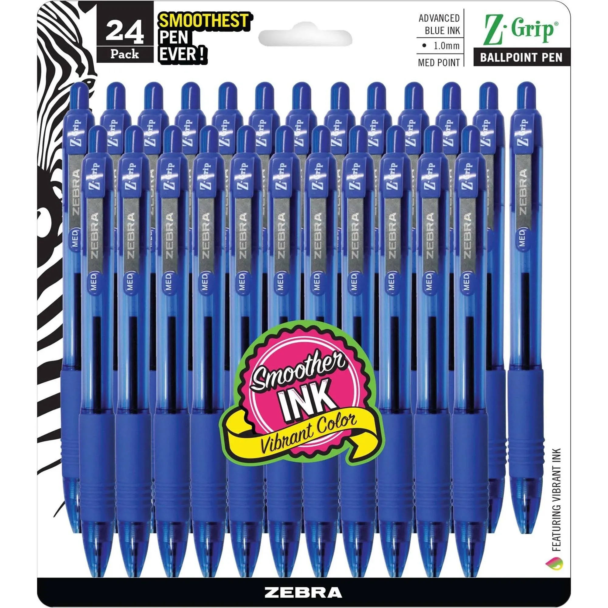 Zebra - Z-Grip Retractable Ballpoint Pen, Blue Ink, Medium - 24/Pack