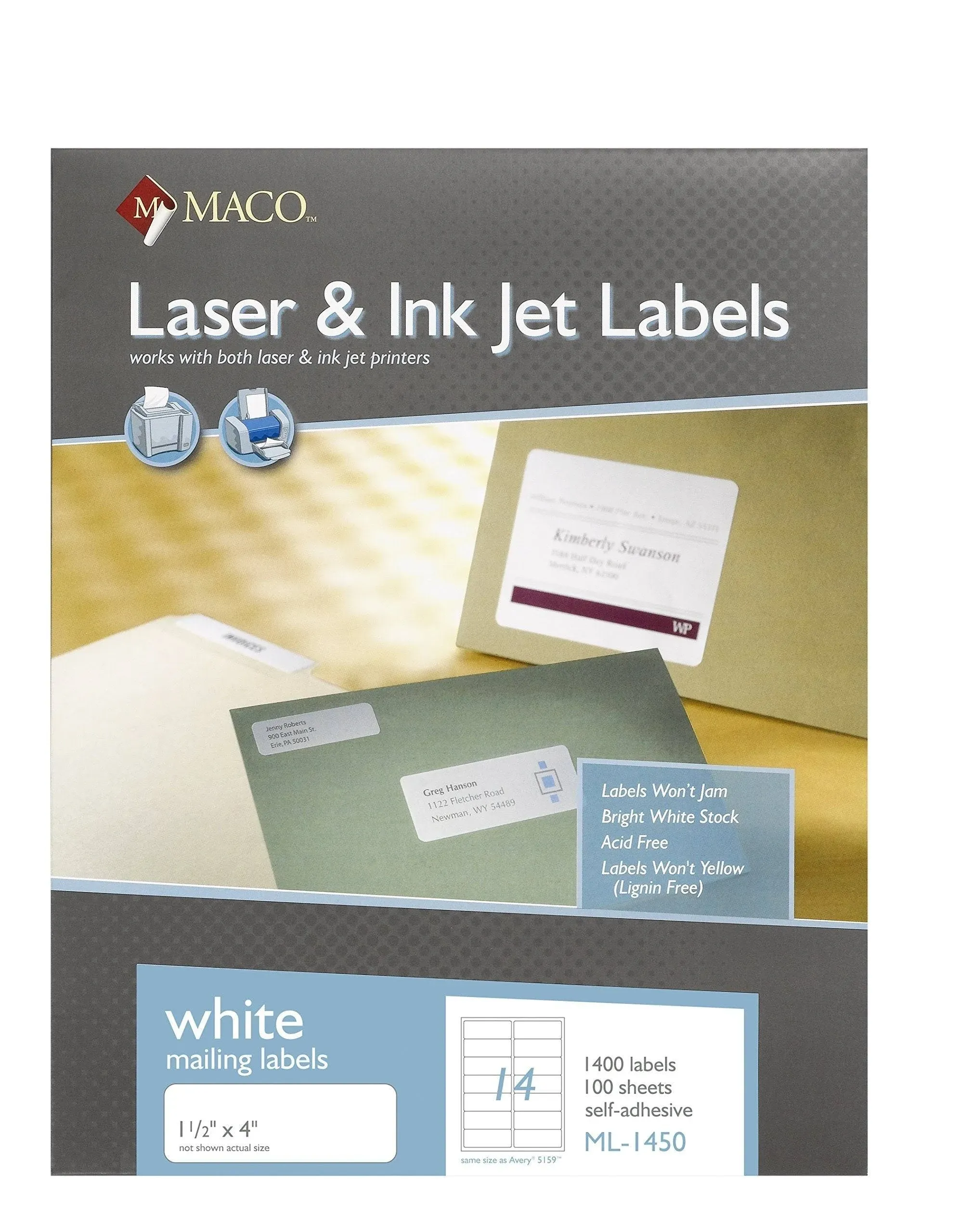 Laser/Ink Jet White Address Labels, 1/2" x 4", 14/Sheet, 1400 Labels/Bx